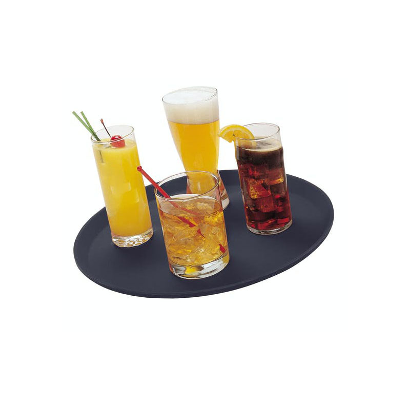 Image of a non-slip rubber surface round CamTread tray with 4 drinks on it | NON SLIP RUBBER SURFACE CAMTREAD TRAYS (ROUND, OVAL AND RECTANGULAR) | FoodServ